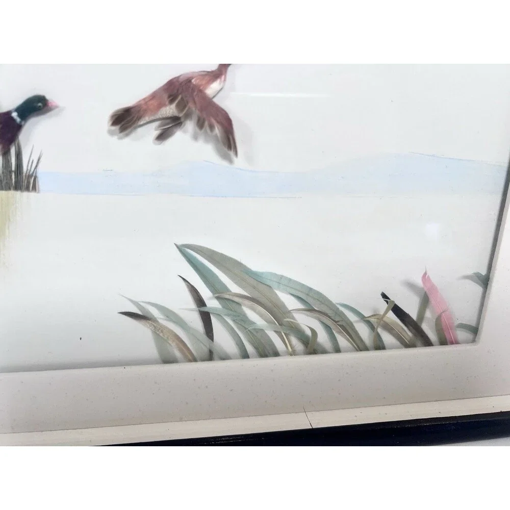 Flying Ducks Wall Decor Vintage Feather Art‎ Shadowbox 3D Framed Marshland scene